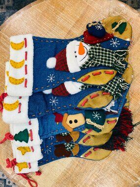 Vtg Denim Christmas Stocking Set 5 Snowman Santa Reindeer Applique